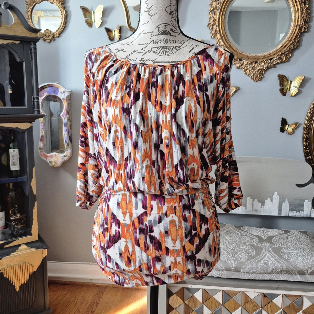 Soprano 70s Vibe Orange and Purple Patterned Blouse Small